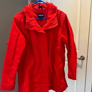Lands' End Women's Vibrant Red Rain Jacket with Lining and Hood.